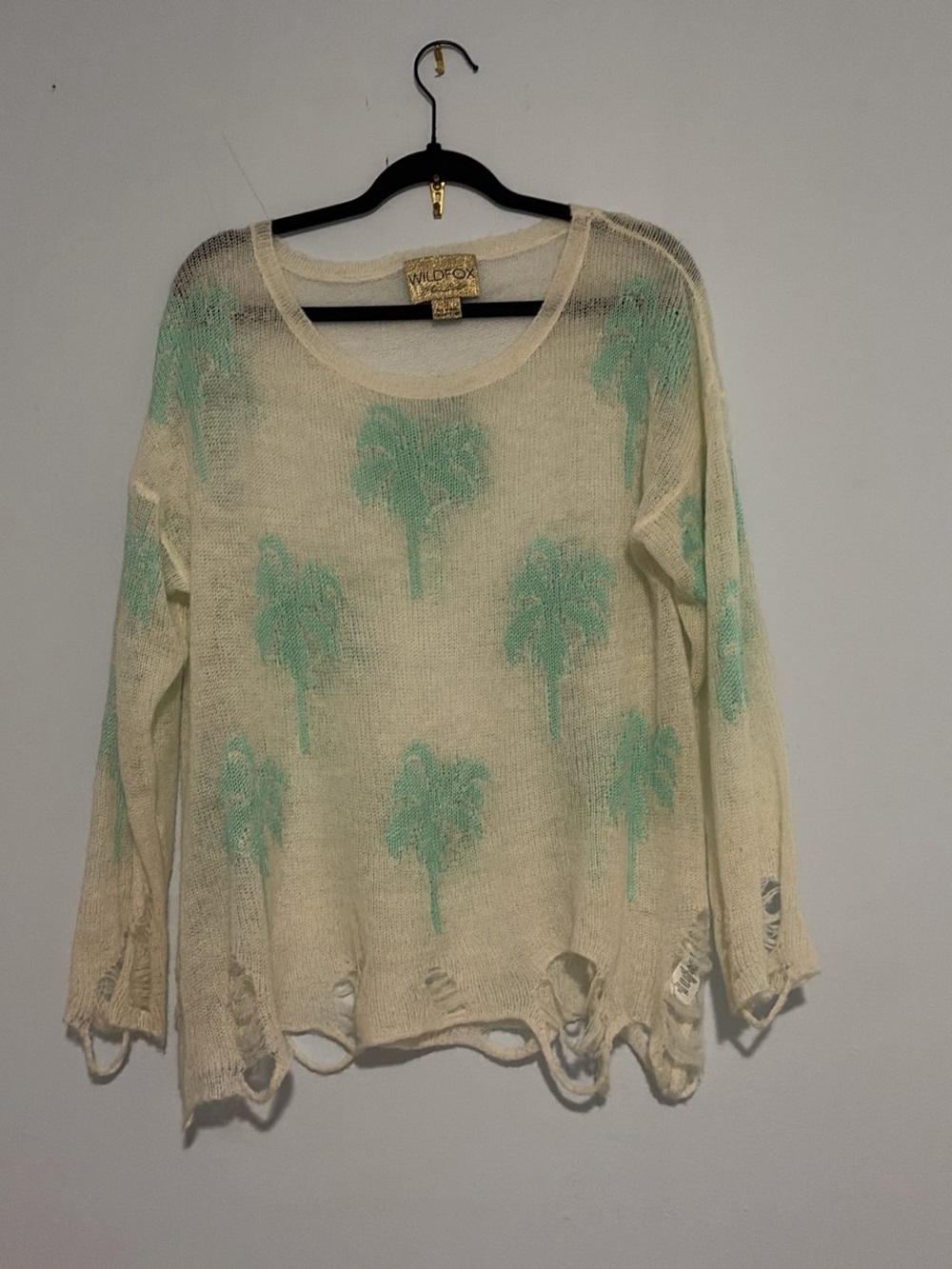 Wildfox Cream Scoop Neck Sweater with Mint Palm Tree Print